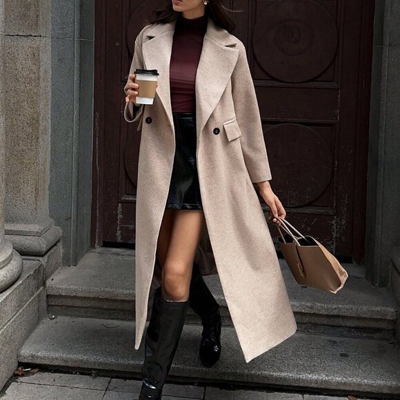 Khaki Casual Women's Lapel Long Coat - Picture 3 of 8